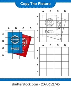 Kopieren Sie das Bild und kopieren Sie das Bild von Passport mithilfe von Rasterlinien. Kinderspiel, druckbares Arbeitsblatt, Vektorgrafik