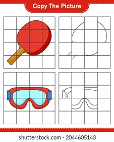Copy the picture, copy the picture of Ping Pong Racket and Goggle using grid lines. Educational children game, printable worksheet, vector illustration