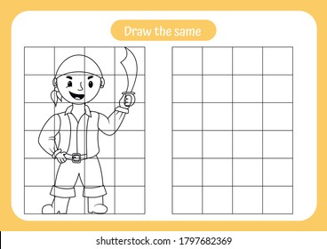 Copy the picture of pirate - use the grid and example. Educational game for children. Handwriting and drawing practice. Vector illustration. Pirate theme activity for toddlers, kids.