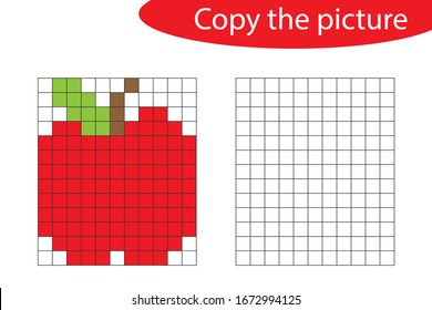 Copy the picture, pixel art, apple cartoon, drawing skills training, educational paper game for the development of children, kids preschool activity, printable worksheet, vector illustration