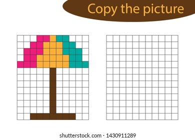 Copy the picture, pixel art, beach umbrella cartoon, drawing skills training, educational paper game for the development of children, kids preschool activity, printable worksheet, vector illustration