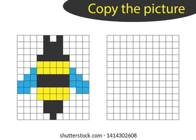 Copy the picture, pixel art, bee cartoon, drawing skills training, educational paper game for the development of children, kids preschool activity, printable worksheet, vector illustration