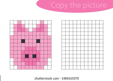 Copy the picture, pixel art, head of pig cartoon, drawing skills training, educational paper game for the development of children, kids preschool activity, printable worksheet, vector illustration
