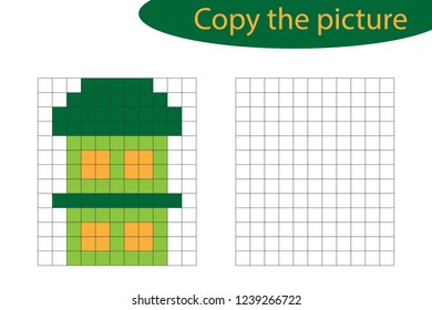 Copy the picture, pixel art, house cartoon, drawing skills training, educational paper game for the development of children, kids preschool activity, printable worksheet, vector