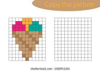 Copy the picture, pixel art, ice cream cartoon, drawing skills training, educational paper game for the development of children, kids preschool activity, printable worksheet, vector illustration