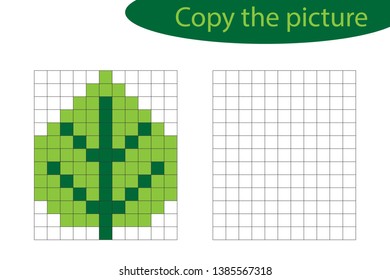 Copy the picture, pixel art, leaf cartoon, drawing skills training, educational paper game for the development of children, kids preschool activity, printable worksheet, vector illustration