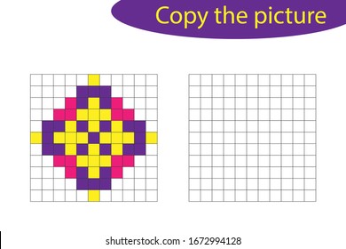 Copy the picture, pixel art, mandala cartoon, drawing skills training, educational paper game for the development of children, kids preschool activity, printable worksheet, vector illustration