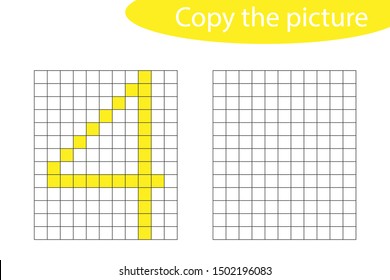 Copy the picture, pixel art, number 4 cartoon, drawing skills training, educational paper game for the development of children, kids preschool activity, printable worksheet, vector illustration