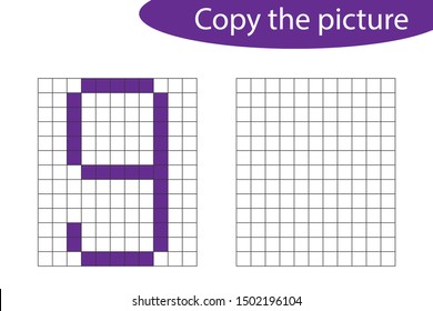 Copy the picture, pixel art, number 9 cartoon, drawing skills training, educational paper game for the development of children, kids preschool activity, printable worksheet, vector illustration