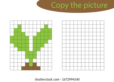 Copy the picture, pixel art, sprout cartoon, drawing skills training, educational paper game for the development of children, kids preschool activity, printable worksheet, vector illustration