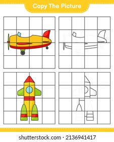 Copie la imagen, copie la imagen del avión y el cohete utilizando líneas de cuadrícula. Juego infantil educativo, hoja de cálculo imprimible, ilustración vectorial