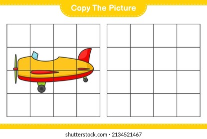Copy the picture, copy the picture of Plane using grid lines. Educational children game, printable worksheet, vector illustration