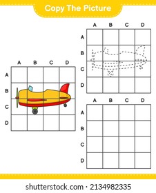 Copy the picture, copy the picture of Plane using grid lines. Educational children game, printable worksheet, vector illustration