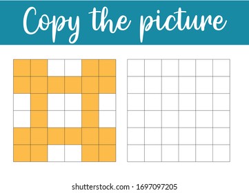 Copy the picture. Printable worksheet. Pixel art. Drawing skills training. Kids preschool activity.  Vector illustration