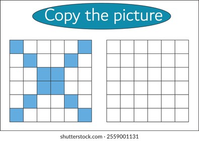 Copy the picture printable worksheet. Pixel art. Drawing skills training. Kids preschool activity.