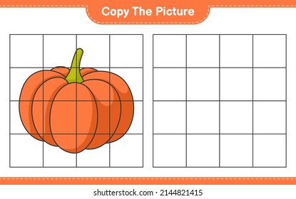 Copy the picture, copy the picture of Pumpkin using grid lines. Educational children game, printable worksheet, vector illustration