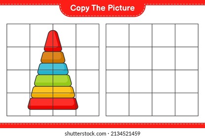 Copy the picture, copy the picture of Pyramid Toy using grid lines. Educational children game, printable worksheet, vector illustration