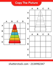 Copie la imagen, copie la imagen de Pyramid Toy utilizando líneas de cuadrícula. Juego infantil educativo, hoja de cálculo imprimible, ilustración vectorial