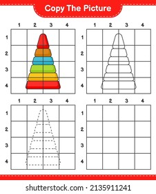 Copie la imagen, copie la imagen de Pyramid Toy utilizando líneas de cuadrícula. Juego infantil educativo, hoja de cálculo imprimible, ilustración vectorial