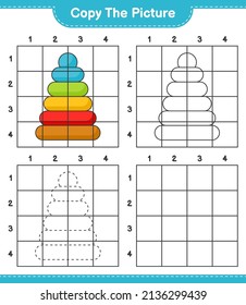 Kopieren Sie das Bild und kopieren Sie das Bild von Pyramid Toy mithilfe von Rasterlinien. Kinderspiel, druckbares Arbeitsblatt, Vektorgrafik