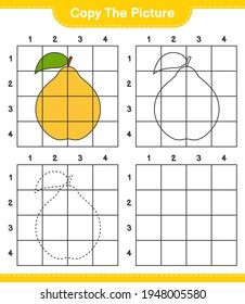 Copy the picture, copy the picture of Quince using grid lines. Educational children game, printable worksheet, vector illustration