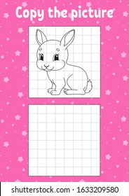 Copy the picture. Rabbit bunny animal. Coloring book pages for kids. Education developing worksheet. Game for children. Handwriting practice. Funny character. Cartoon vector illustration.