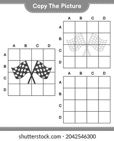 Copie la imagen, copie la imagen de las Banderas de carreras utilizando líneas de cuadrícula. Juego infantil educativo, hoja de cálculo imprimible, ilustración vectorial