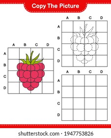 Copie la imagen, copie la imagen de Frambuesas utilizando líneas de cuadrícula. Juego infantil educativo, hoja de cálculo imprimible, ilustración vectorial