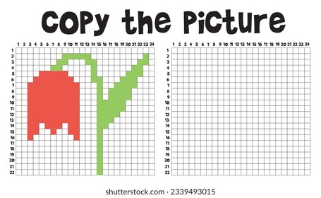 Copy the picture. Repeat the cell pattern. Draw by square Tulip. Matching game. Educational game for children. Attention task. Logic game. Visual game. Funny cartoon character. Vector illustration