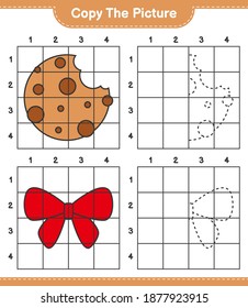 Copie la imagen, copie la imagen de cintas y cookies utilizando líneas de cuadrícula. Juego infantil educativo, hoja de cálculo imprimible, ilustración vectorial