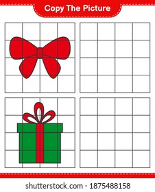 Copy the picture, copy the picture of Ribbons and Gift Boxes using grid lines. Educational children game, printable worksheet, vector illustration