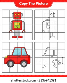 Copie la imagen, copie la imagen del personaje Robot y el coche utilizando líneas de cuadrícula. Juego infantil educativo, hoja de cálculo imprimible, ilustración vectorial