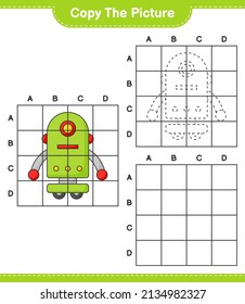 Copy the picture, copy the picture of Robot Character using grid lines. Educational children game, printable worksheet, vector illustration
