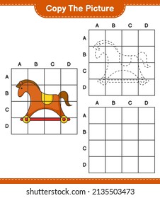 Copy the picture, copy the picture of Rocking Horse using grid lines. Educational children game, printable worksheet, vector illustration
