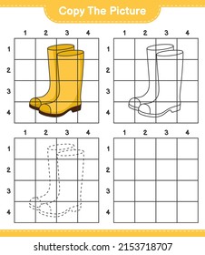 Copy the picture, copy the picture of Rubber Boots using grid lines. Educational children game, printable worksheet, vector illustration
