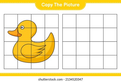 Copy the picture, copy the picture of Rubber Duck using grid lines. Educational children game, printable worksheet, vector illustration