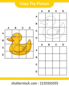 Copie la imagen, copie la imagen del Pato de goma utilizando líneas de cuadrícula. Juego infantil educativo, hoja de cálculo imprimible, ilustración vectorial