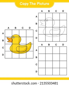 Kopieren Sie das Bild und kopieren Sie das Bild von Rubber Duck mithilfe von Rasterlinien. Kinderspiel, druckbares Arbeitsblatt, Vektorgrafik