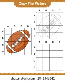 Copie la imagen, copie la imagen de Rugby Ball utilizando líneas de cuadrícula. Juego infantil educativo, hoja de cálculo imprimible, ilustración vectorial