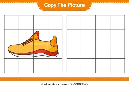 Copy the picture, copy the picture of Running Shoes using grid lines. Educational children game, printable worksheet, vector illustration