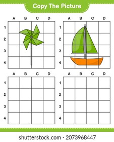 Copy the picture, copy the picture of Sailboat and Pinwheels using grid lines. Educational children game, printable worksheet, vector illustration