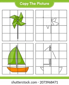 Copy the picture, copy the picture of Sailboat and Pinwheels using grid lines. Educational children game, printable worksheet, vector illustration