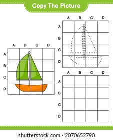 Copy the picture, copy the picture of Sailboat using grid lines. Educational children game, printable worksheet, vector illustration