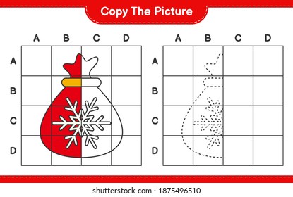 Copy the picture, copy the picture of Santa Claus Bag using grid lines. Educational children game, printable worksheet, vector illustration