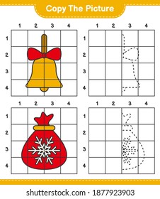 Copy the picture, copy the picture of Santa Claus Bag and Golden Christmas Bells using grid lines. Educational children game, printable worksheet, vector illustration