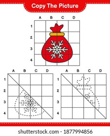 Copy the picture, copy the picture of Santa Claus Bag using grid lines. Educational children game, printable worksheet, vector illustration