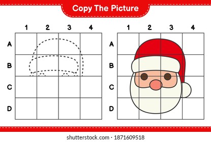Copia la imagen, copia la imagen de Santa Claus usando líneas de cuadrícula. Juego infantil educativo, hoja de cálculo imprimible, ilustración vectorial
