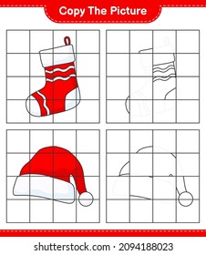 Copy the picture, copy the picture of Santa Hat and Christmas Sock using grid lines. Educational children game, printable worksheet, vector illustration