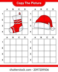 Copy the picture, copy the picture of Santa Hat and Christmas Sock using grid lines. Educational children game, printable worksheet, vector illustration