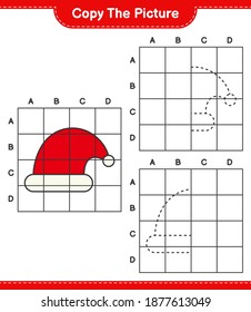 Copy the picture, copy the picture of Santa Hat using grid lines. Educational children game, printable worksheet, vector illustration